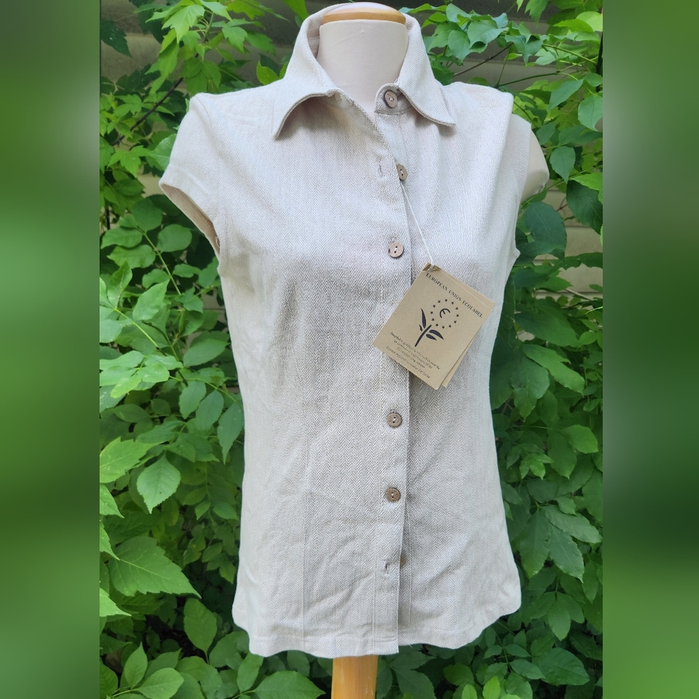 The Earth Collection Large Sleeveless Button-Up Top‎ - Cream 100% Cotton Natural